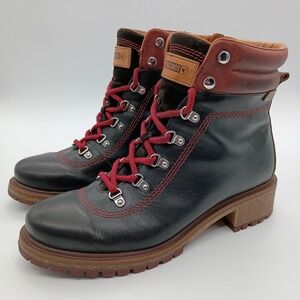 Pikolinos Aspe Women Black Leather Boots Red Stitching Side Zip EU 40 US 9.5